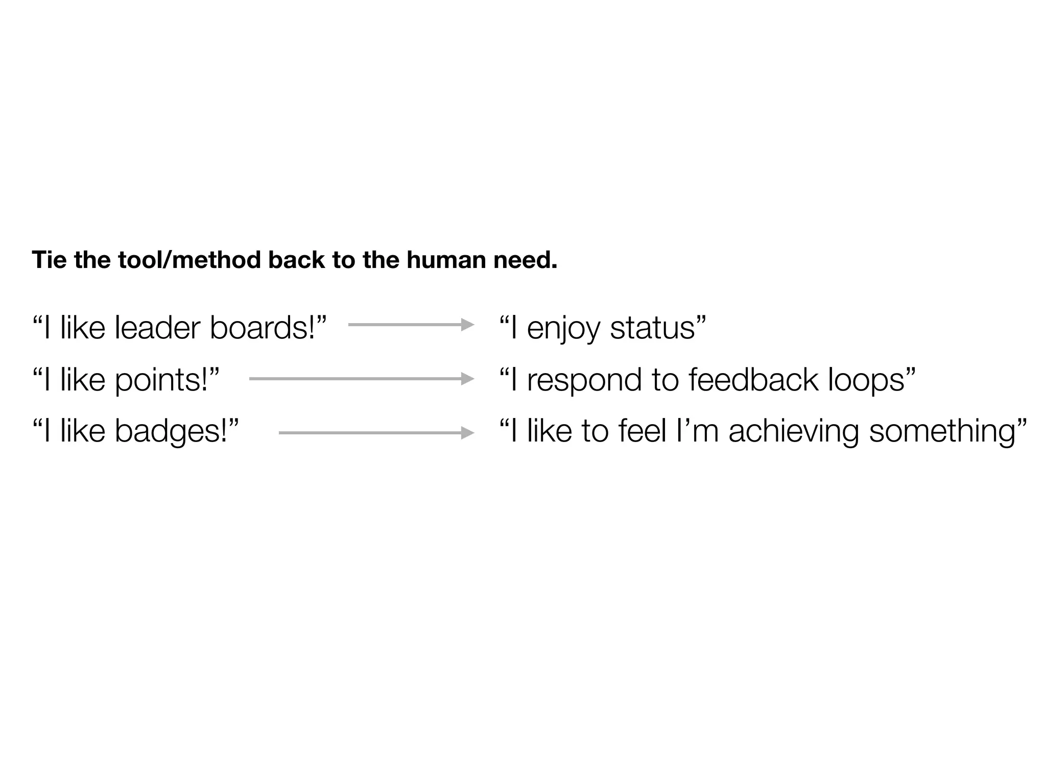 Tie the tool/method back to the human need.

“I like leader boards!”               “I enjoy status”
“I like points!”                      “I respond to feedback loops”
“I like badges!”                      “I like to feel I’m achieving something”
 