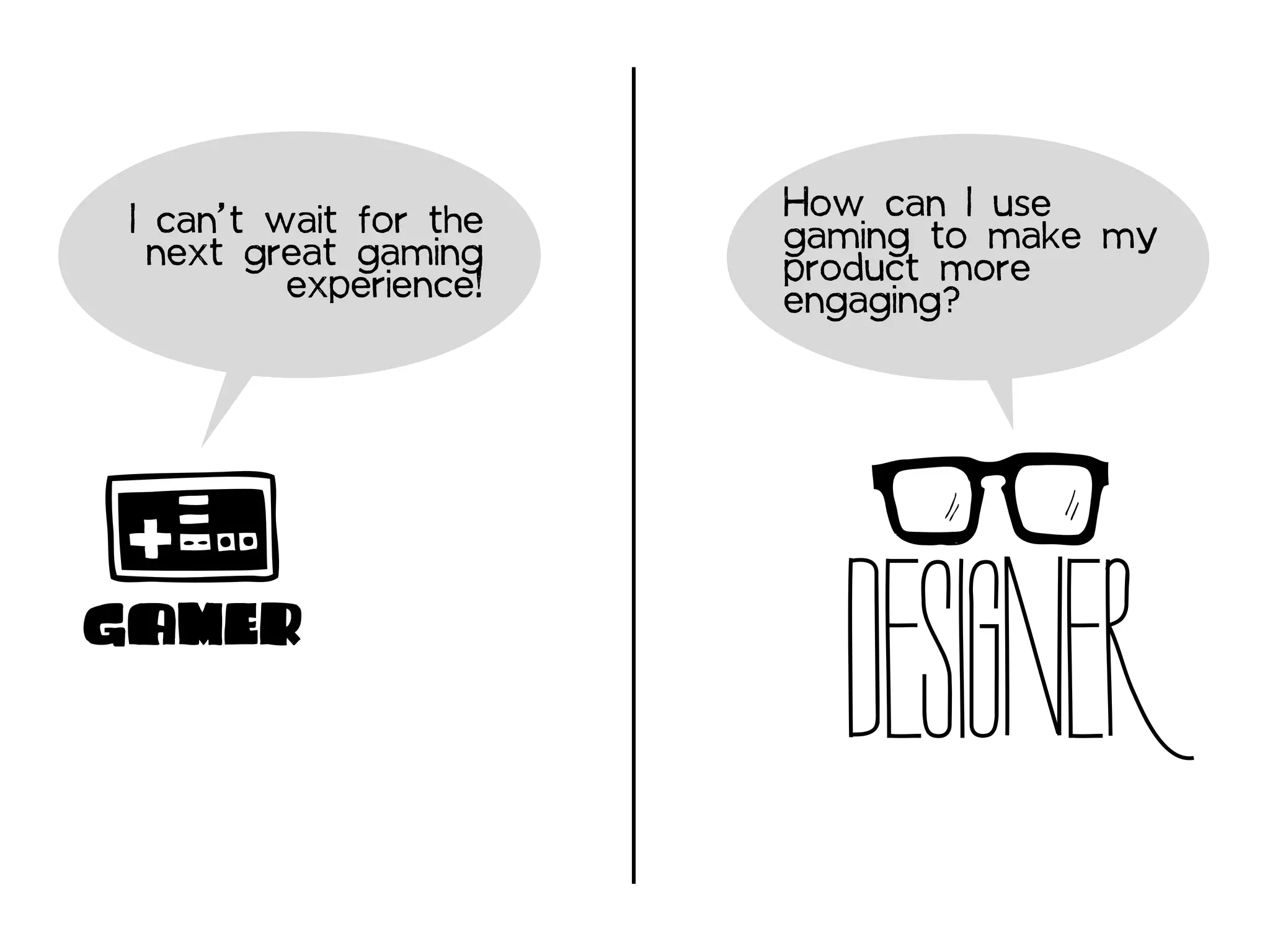 I can’t wait for the   How can I use
  next great gaming     gaming to make my
          experience!   product more
                        engaging?




GAMER
                          DESIGNER
 