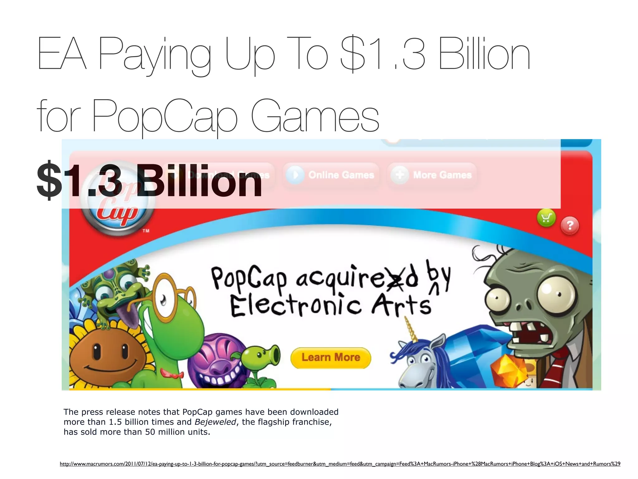 EA Paying Up To $1.3 Billion
for PopCap Games
$1.3 Billion



  The press release notes that PopCap games have been downloaded
  more than 1.5 billion times and Bejeweled, the flagship franchise,
  has sold more than 50 million units.


 http://www.macrumors.com/2011/07/12/ea-paying-up-to-1-3-billion-for-popcap-games/?utm_source=feedburner&utm_medium=feed&utm_campaign=Feed%3A+MacRumors-iPhone+%28MacRumors+iPhone+Blog%3A+iOS+News+and+Rumors%29
 