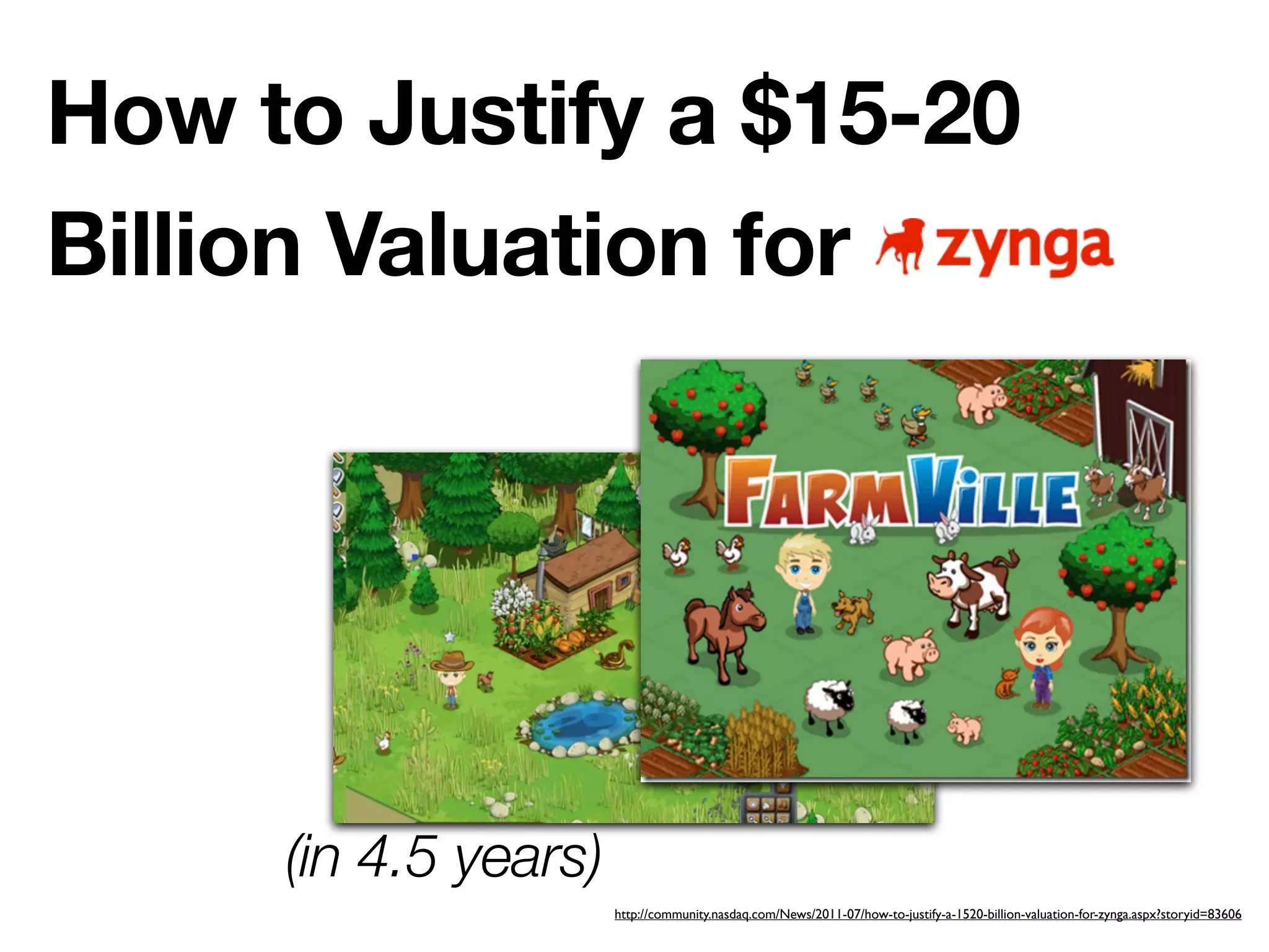 How to Justify a $15-20
Billion Valuation for




     (in 4.5 years)
                      http://community.nasdaq.com/News/2011-07/how-to-justify-a-1520-billion-valuation-for-zynga.aspx?storyid=83606
 