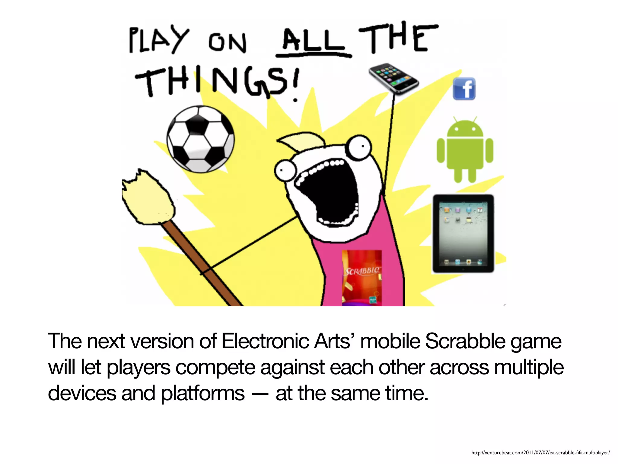 The next version of Electronic Arts’ mobile Scrabble game
will let players compete against each other across multiple
devices and platforms — at the same time.

                                                http://venturebeat.com/2011/07/07/ea-scrabble-ﬁfa-multiplayer/
 