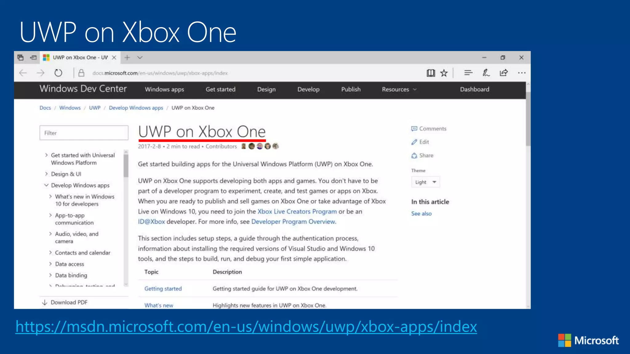 UWP on Xbox One
https://msdn.microsoft.com/en-us/windows/uwp/xbox-apps/index
 