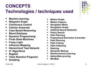CONCEPTS Technologies / techniques used Machine learning Waypoint Graph Continuous Control Cellular Automata Case Based Reasoning Blend Database Dynamic Programming Finite State Machines Fuzzy Logic Influence Mapping Hierarchical Task Network A* Algorithms Ragdoll Teleo Reactive Programs Scripting Motion Graph Motion Capture Navigation Mesh Navigation Graph Artificial Neural Networks Policy Search Path Planning Proportional Derivative Controller Path Planning Path Finding Path Following Steering Semantic Markup Reinforcement Learning Alpha-Beta pruning MiniMax  23-Mar-2009 Artificial Intelligence - CMT310 