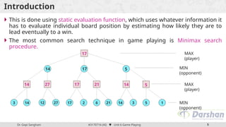 Dr. Gopi Sanghani #3170716 (AI)  Unit 6 Game Playing 5
Introduction
 This is done using static evaluation function, which uses whatever information it
has to evaluate individual board position by estimating how likely they are to
lead eventually to a win.
 The most common search technique in game playing is Minimax search
procedure.
MAX
(player)
MIN
(opponent)
3 14 12 27 17 2 6 21 14 3 5 1
MAX
(player)
MIN
(opponent)
17
14 27 17 21 14 5
14 17 5
 