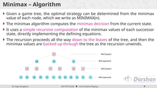 Dr. Gopi Sanghani #3170716 (AI)  Unit 6 Game Playing 8
Minimax – Algorithm
 Given a game tree, the optimal strategy can be determined from the minimax
value of each node, which we write as MINIMAX(n).
 The minimax algorithm computes the minimax decision from the current state.
 It uses a simple recursive computation of the minimax values of each successor
state, directly implementing the defining equations.
 The recursion proceeds all the way down to the leaves of the tree, and then the
minimax values are backed up through the tree as the recursion unwinds.
 