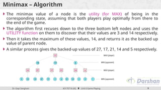 Dr. Gopi Sanghani #3170716 (AI)  Unit 6 Game Playing 9
Minimax – Algorithm
 The minimax value of a node is the utility (for MAX) of being in the
corresponding state, assuming that both players play optimally from there to
the end of the game.
 The algorithm first recuses down to the three bottom left nodes and uses the
UTILITY function on them to discover that their values are 3 and 14 respectively.
 Then it takes the maximum of these values, 14, and returns it as the backed up
value of parent node.
 A similar process gives the backed-up values of 27, 17, 21, 14 and 5 respectively.
 