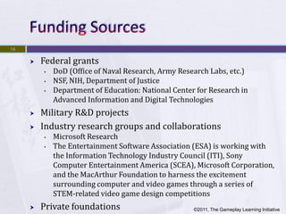 14

        Federal grants
         •   DoD (Office of Naval Research, Army Research Labs, etc.)
         •   NSF, NIH, Department of Justice
         •   Department of Education: National Center for Research in
             Advanced Information and Digital Technologies
        Military R&D projects
        Industry research groups and collaborations
         •   Microsoft Research
         •   The Entertainment Software Association (ESA) is working with
             the Information Technology Industry Council (ITI), Sony
             Computer Entertainment America (SCEA), Microsoft Corporation,
             and the MacArthur Foundation to harness the excitement
             surrounding computer and video games through a series of
             STEM-related video game design competitions
        Private foundations                         ©2011, The Gameplay Learning Initiative
 