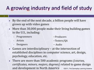 3


       By the end of the next decade, a billion people will have
        grown up with video games
       More than 30,000 people make their living building games
        in the U.S., including:
         •   Programmers                     • Producers
         •   Artists                         • Testers/QA
         •   Designers                       •   Audio
       Games are interdisciplinary – at the intersection of
        established disciplines in computer science, art, design,
        psychology, education, etc.
       There are more than 500 academic programs (courses,
        certificates, minors, majors, degrees) related to game design
        and development in North America ©2011, The Gameplay Learning Initiative
 