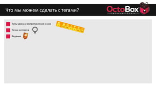 Что мы можем сделать с тегами?
Типы урона и сопротивления к ним
Точки интереса
Задания
 