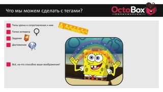 Что мы можем сделать с тегами?
Типы урона и сопротивления к ним
Точки интереса
Задания
Достижения
Всё, на что способно ваше воображение!
 