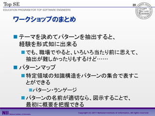 20




ワークショップのまとめ

 テーマを決めてパターンを抽出すると、
  経験を形式知に出来る
  でも、職場でやると、いろいろ当たり前に思えて、
   抽出が難しかったりもするけど……
 パターンマップ
  特定領域の知識構造をパターンの集合で表すこ
   とができる
   パターン・ランゲージ
  パターンの名前が適切なら、図示することで、
   最初に概要を把握できる
                 Copyright (C) 2011 National Institute of Informatics, All rights reserved.
 