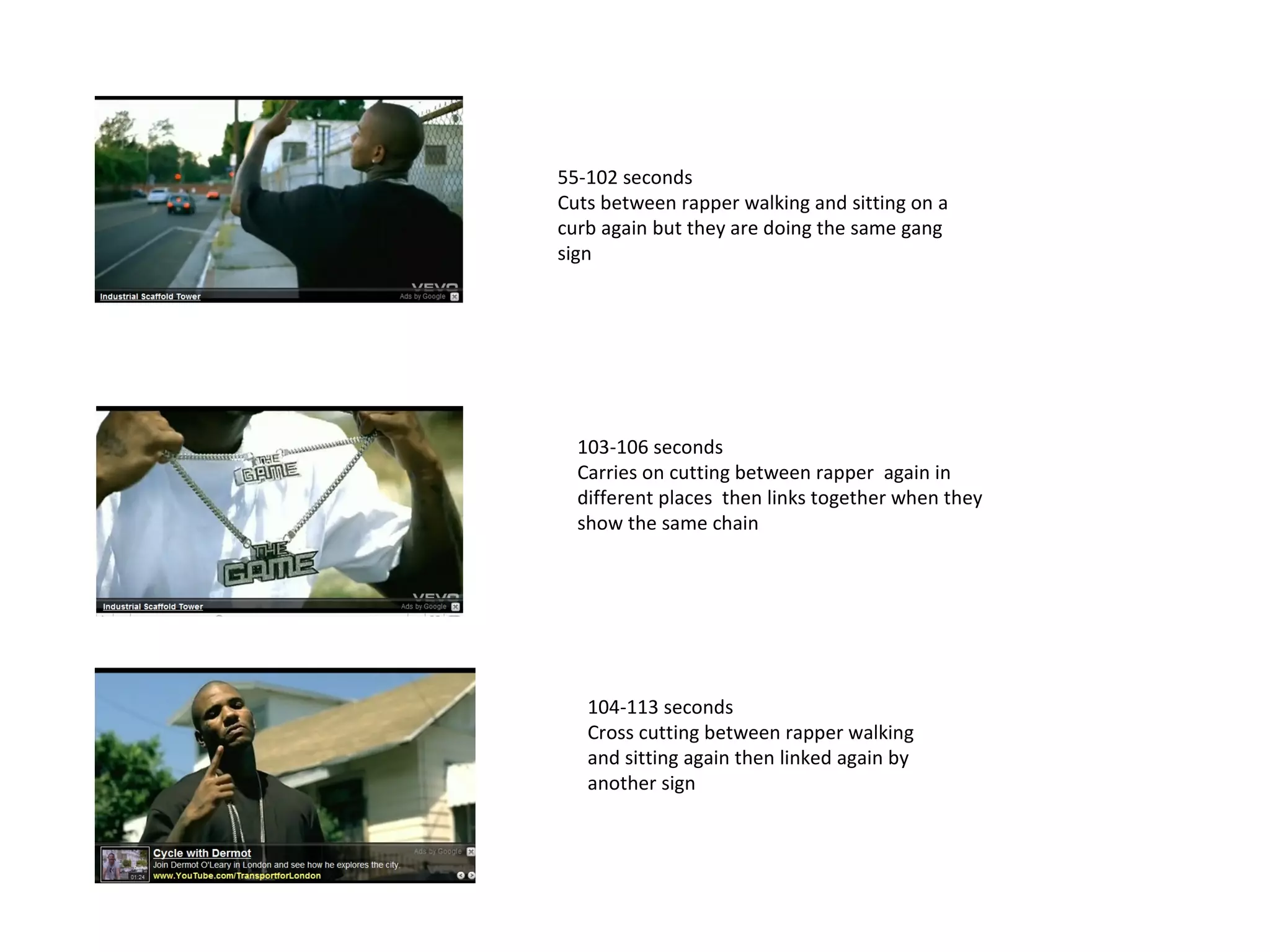 55-102 seconds  Cuts between rapper walking and sitting on a curb again but they are doing the same gang sign  103-106 seconds  Carries on cutting between rapper  again in different places  then links together when they show the same chain 104-113 seconds  Cross cutting between rapper walking and sitting again then linked again by another sign  