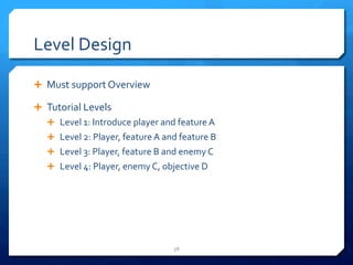 Level 
Design 
Ê Must 
support 
Overview 
Ê Tutorial 
Levels 
Ê Level 
1: 
Introduce 
player 
and 
feature 
A 
Ê Level 
2: 
Player, 
feature 
A 
and 
feature 
B 
Ê Level 
3: 
Player, 
feature 
B 
and 
enemy 
C 
Ê Level 
4: 
Player, 
enemy 
C, 
objective 
D 
58 
 