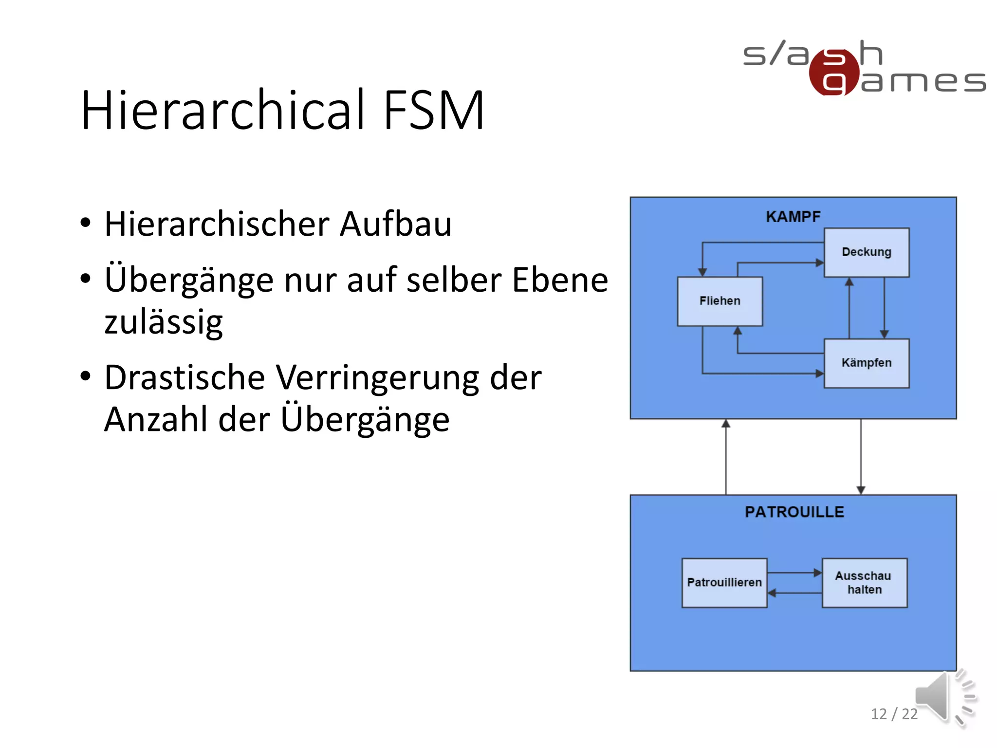 Neural Networks
• Improving AI through training data
• No way of modifying the AI after
training
• Further reinforces the
disadvantages of action-based
architectures
• Rarely applied in games
• Exceptions:
▪ Creatures
▪ Supreme Commander 2
12 / 22
 