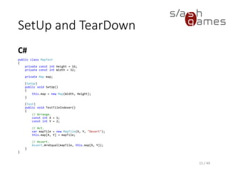 NUnit Console
Console Output
15 / 49
D:DevRepositoriesSAE-ToolDevelopmentVendorNUnit-2.6.3bin>nunit-console-x86.exe
......SourceLevelEditor.TestsbinDebugLevelEditor.Tests.dll
NUnit-Console version 2.6.3.13283
Copyright (C) 2002-2012 Charlie Poole.
Copyright (C) 2002-2004 James W. Newkirk, Michael C. Two, Alexei A. Vorontsov.
Copyright (C) 2000-2002 Philip Craig.
All Rights Reserved.
Runtime Environment -
OS Version: Microsoft Windows NT 6.2.9200.0
CLR Version: 2.0.50727.7905 ( Net 3.5 )
ProcessModel: Default DomainUsage: Single
Execution Runtime: net-3.5
...
Tests run: 3, Errors: 0, Failures: 0, Inconclusive: 0, Time: 0.046059608766156 seconds
Not run: 0, Invalid: 0, Ignored: 0, Skipped: 0
 