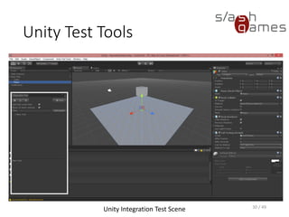 Unity Test Tools
• Assertions check invariants – conditions you expect to be always
true
• You can specify when to check these conditions
• If any assertion fails, an exception is thrown
• You can automatically cause the game in that case by enabling
Error pause in the Unity console window
31 / 49
 