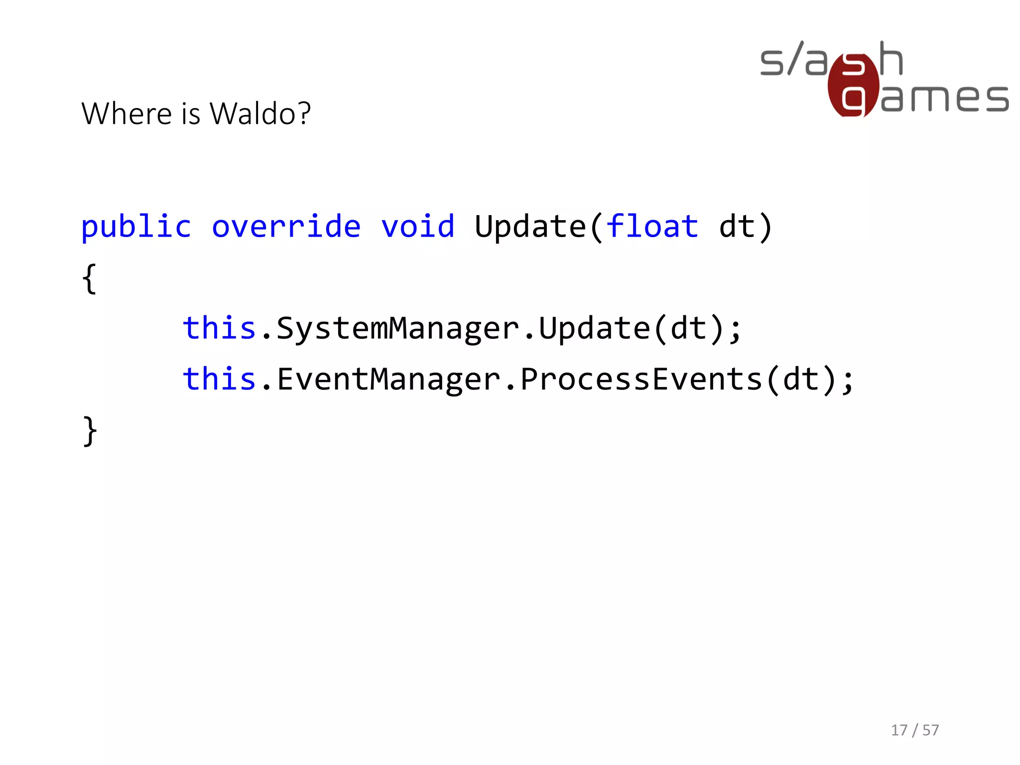 Where is Waldo?
public override void TakeDamage(int damage)
{
this.Health -= damage;
}
17 / 57
 