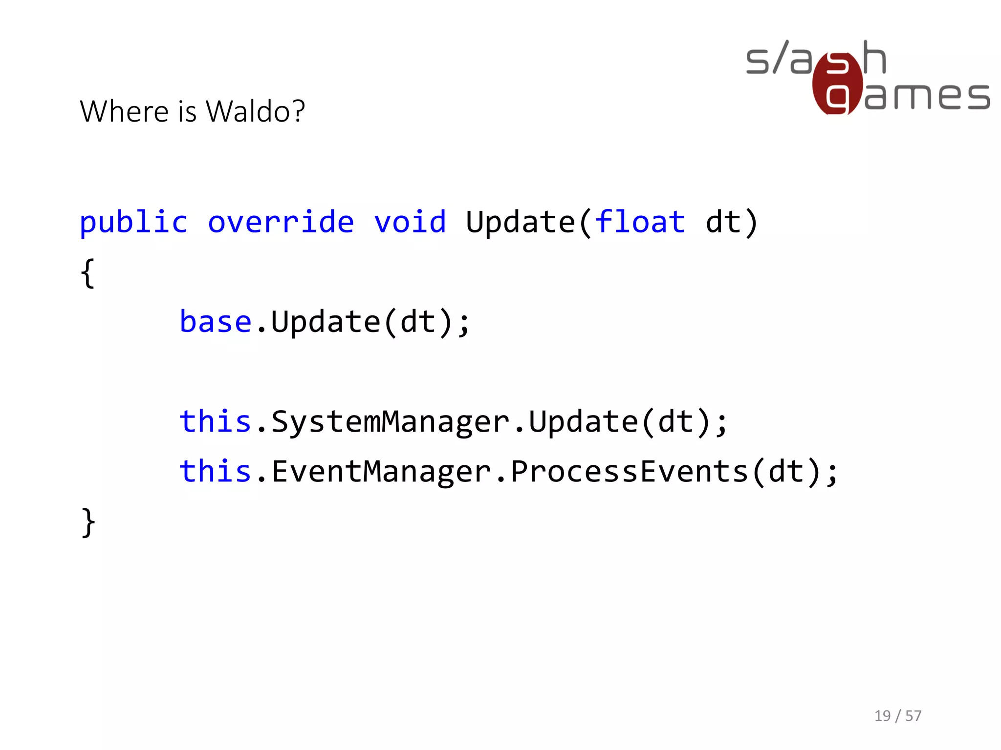 Where is Waldo?
public override void TakeDamage(int damage)
{
base.TakeDamage(damage);
this.Health -= damage;
}
19 / 57
 