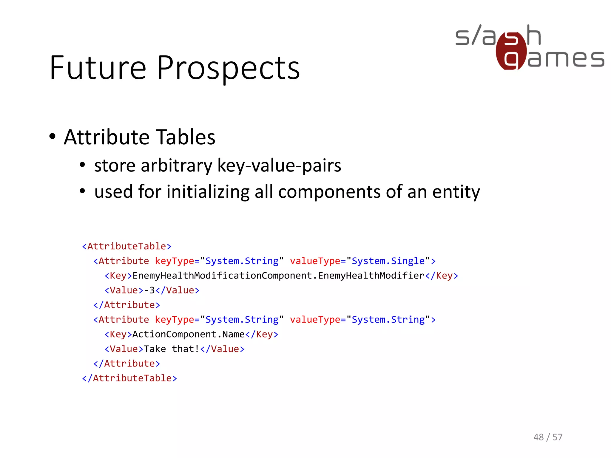 Future Prospects
• Attribute Tables
 store arbitrary key-value-pairs
 used for initializing all components of an entity
48 / 57
<AttributeTable>
<Attribute keyType="System.String" valueType="System.Single">
<Key>EnemyHealthModificationComponent.EnemyHealthModifier</Key>
<Value>-3</Value>
</Attribute>
<Attribute keyType="System.String" valueType="System.String">
<Key>ActionComponent.Name</Key>
<Value>Take that!</Value>
</Attribute>
</AttributeTable>
 