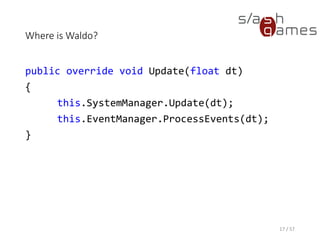 Where is Waldo?
public override void TakeDamage(int damage)
{
this.Health -= damage;
}
17 / 57
 