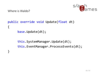 Where is Waldo?
public override void TakeDamage(int damage)
{
base.TakeDamage(damage);
this.Health -= damage;
}
19 / 57
 