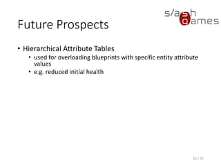 Future Prospects
• Hierarchical Attribute Tables
 used for overloading blueprints with specific entity
attribute values
 e.g. reduced initial health
52 / 57
 