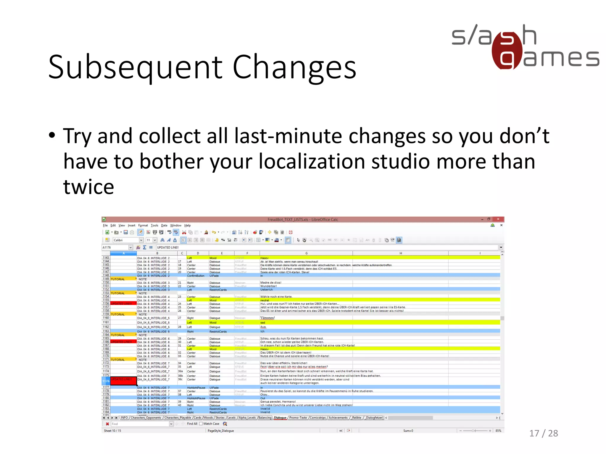 Subsequent Changes • Try and collect all last-minute changes so you don’t have to bother your localization studio more than twice 17 / 28 