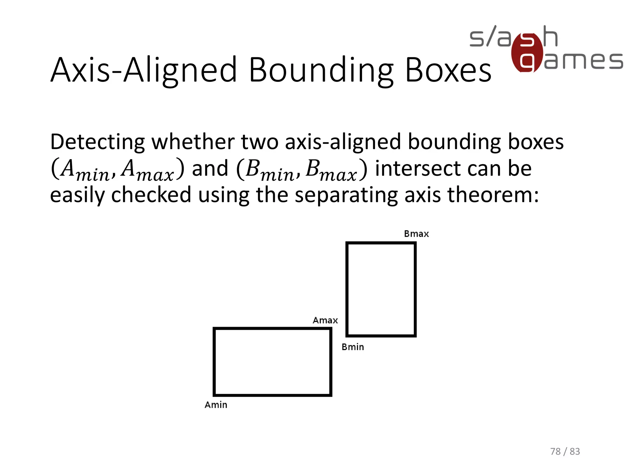 Axis-Aligned Bounding Boxes
Detecting whether two axis-aligned bounding boxes 𝐴 𝑚𝑖𝑛, 𝐴 𝑚𝑎𝑥 and
(𝐵 𝑚𝑖𝑛, 𝐵 𝑚𝑎𝑥) intersect can be easily checked using the separating axis
theorem:
78 / 83
 