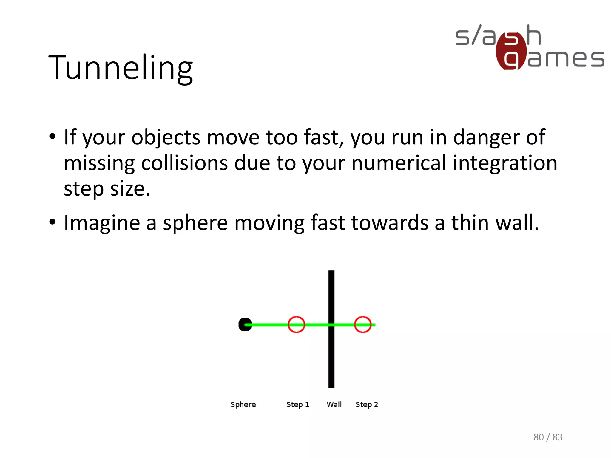 Tunneling
• If your objects move too fast, you run in danger of missing collisions
due to your numerical integration step size.
• Imagine a sphere moving fast towards a thin wall.
80 / 83
 
