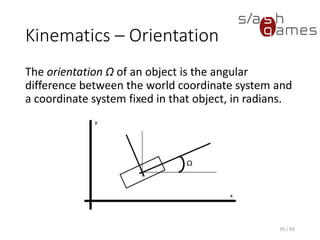 Kinematics – Orientation
The orientation Ω of an object is the angular difference between the
world coordinate system and a coordinate system fixed in that object, in
radians.
35 / 83
 