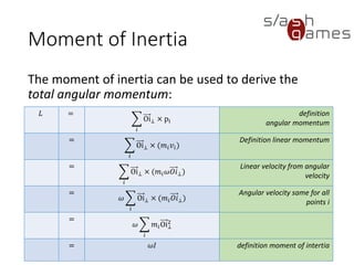 Moment of Inertia
The moment of inertia can be used to derive the total angular
momentum:
𝐿 =
෍
𝑖
Oi⊥ × pi
definition
angular momentum
=
෍
𝑖
Oi⊥ × (𝑚𝑖 𝑣𝑖)
Definition linear momentum
=
෍
𝑖
Oi⊥ × (𝑚𝑖 𝜔𝑂𝑖⊥)
Linear velocity from angular
velocity
=
𝜔 ෍
𝑖
Oi⊥ × (𝑚𝑖 𝑂𝑖⊥)
Angular velocity same for all
points i
=
𝜔 ෍
𝑖
𝑚𝑖Oi⊥
2
= 𝜔𝐼 definition moment of intertia
 