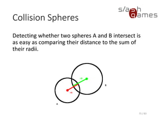 Collision Spheres
Detecting whether two spheres A and B intersect is as easy as
comparing their distance to the sum of their radii.
75 / 83
 