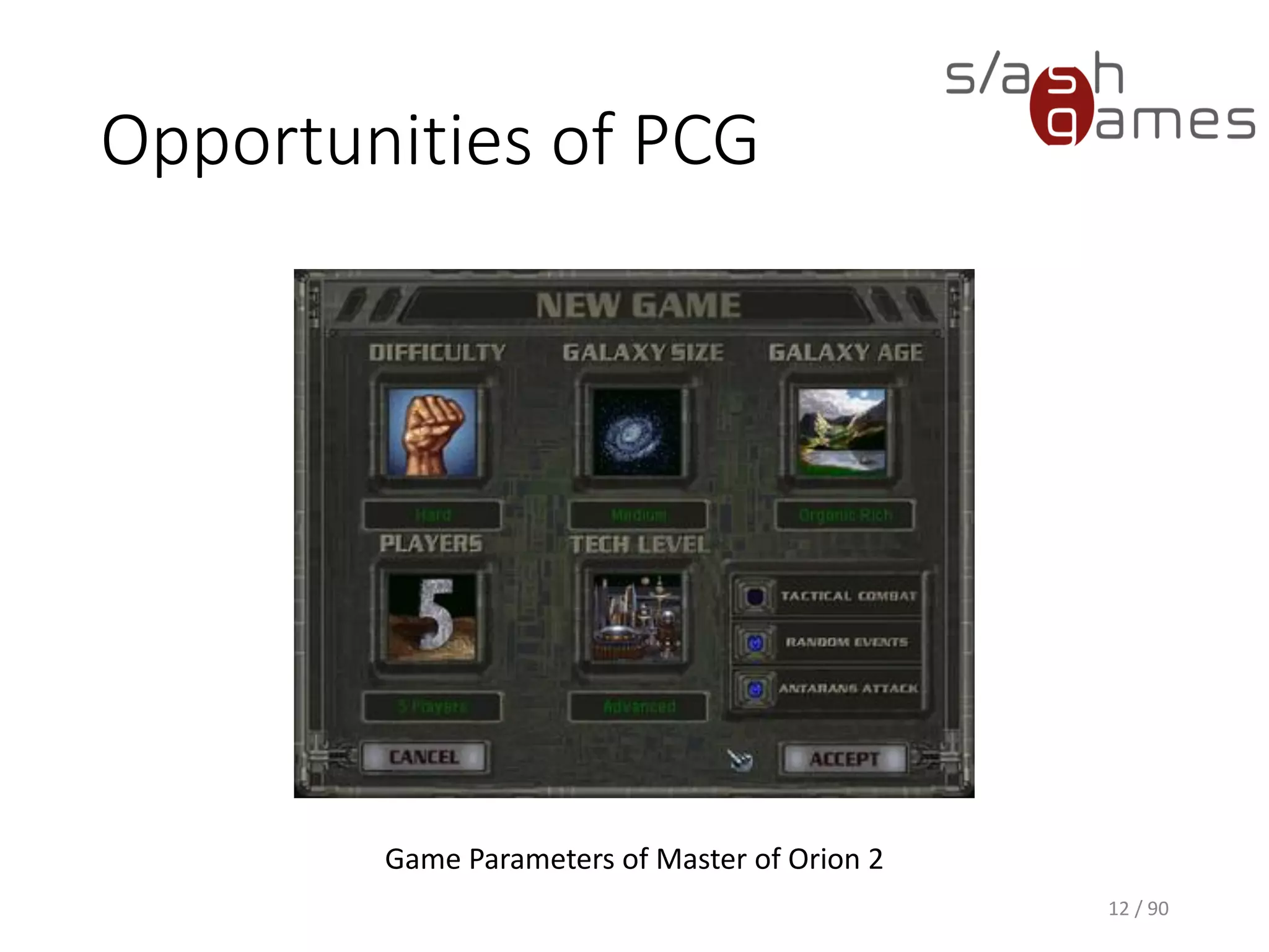 Opportunities of PCG
12 / 90
Game Parameters of Master of Orion 2
 