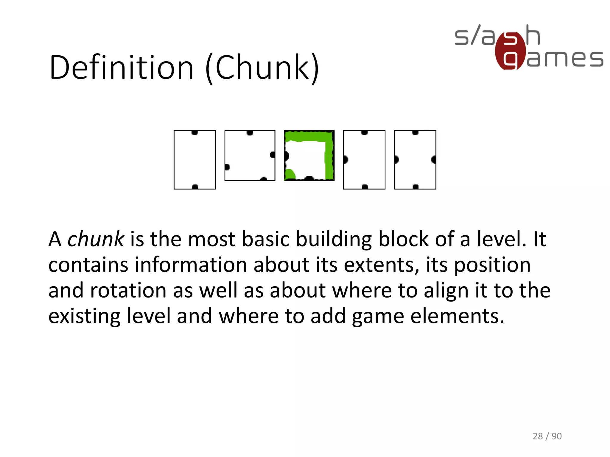 Definition (Chunk)
28 / 90
A chunk is the most basic building block of a level. It contains
information about its extents, its position and rotation as well as about
where to align it to the existing level and where to add game elements.
 