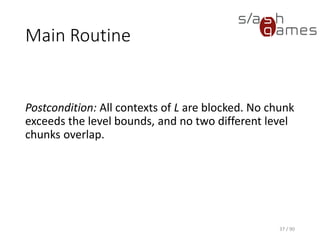37 / 90
Main Routine
Postcondition: All contexts of L are blocked. No chunk exceeds the
level bounds, and no two different level chunks overlap.
 