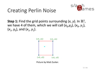 Creating Perlin Noise
Step 1: Find the grid points surrounding (x, y). In ℝ2, we have 4 of
them, which we will call (x0,y0), (x0, y1), (x1, y0), and (x1, y1).
57 / 90
Picture by Matt Zucker.
 
