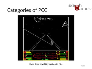 Categories of PCG
6 / 90
Fixed Seed Level Generation in Elite
 