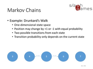 Markov Chains
• Example: Drunkard’s Walk
▪ One-dimensional state space
▪ Position may change by +1 or -1 with equal probability
▪ Two possible transitions from each state
▪ Transition probability only depends on the current state
65 / 90
 