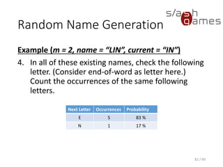 Random Name Generation
Example (m = 2, name = “LIN”, current = “IN”)
4. In all of these existing names, check the following letter. (Consider
end-of-word as letter here.) Count the occurrences of the same
following letters.
82 / 90
Next Letter Occurrences Probability
E 5 83 %
N 1 17 %
 