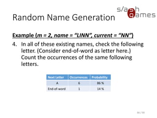 Random Name Generation
Example (m = 2, name = “LINN”, current = “NN”)
4. In all of these existing names, check the following letter. (Consider
end-of-word as letter here.) Count the occurrences of the same
following letters.
86 / 90
Next Letter Occurrences Probability
A 6 86 %
End-of-word 1 14 %
 