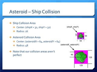 Asteroid – Ship Collision 
 
Ship Collision Area 
 
Center: (shipX + 32, shipY + 32) 
 
Radius: 16 
 
Asteroid Collision Area 
 
Center: (asteroidX + 64, asteroidY + 64) 
 
Radius: 48 
 
Note that our collision areas aren’t perfect  