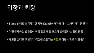 입장과 퇴장
• Stand 상태로 변경하기만 하면 Stand 상태가 알아서 그래픽까지 챙긴다
• 이전 상태와는 상관없이 항상 같은 입장 코드가 실행된다는 것도 장점
• 새로운 상태로 교체되기 직전에 호출되는 퇴장도 이런 식으로 하면 된다
 