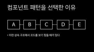 컴포넌트 패턴을 선택한 이유
EDCBA
• 이런 상속 구조에서 코드를 보기 힘들 때가 있다
 