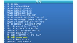 • 第一章 序論
• 第二章 さまざまな学習事例
• 第三章 品質保証におけるAI①
• 第四章 品質保証におけるAI②
• 第五章 品質保証におけるAI③
• 第六章 品質保証における強化学習
• 第七章 チート検出におけるディープラーニング
• 第八章 パラメータ調整におけるディープラーニング
• 第九章 レベル設計におけるディープラーニング
• 第十章 古典的なゲームにおける強化学習
• 第十一章 eSportsとディープラーニング
• 第十二章 オンラインゲームにおけるAI
• 第十三章 3Dエンジンとディープラーニング
• 第十四章 言語解析とゲームAI
• 第十五章 MINECRAFTとディープラーニング
• 第十六章 Project: paidia
• 第十七章 各種AIコンテスト
• 第十八章 これからのゲームAI
目次
 