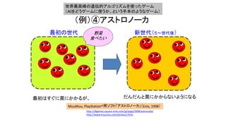 （例）④アストロノーカ
最初はすぐに罠にかかるが、 だんだんと罠にかからないようになる
MuuMuu, PlayStation®用ソフト「アストロノーカ」（Enix, 1998）
http://dlgames.square-enix.com/jp/psga/2008/astronoka/
http://www.muumuu.com/product.html
新世代（５～世代後）最初の世代 野菜
食べたい
世界最高峰の遺伝的アルゴリズムを使ったゲーム
（ＡＩをどうゲームに使うか、という手本のようなゲーム）
 