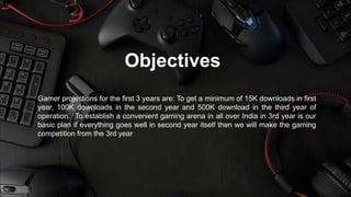 Objectives
Gamer projections for the first 3 years are: To get a minimum of 15K downloads in first
year, 100K downloads in...
