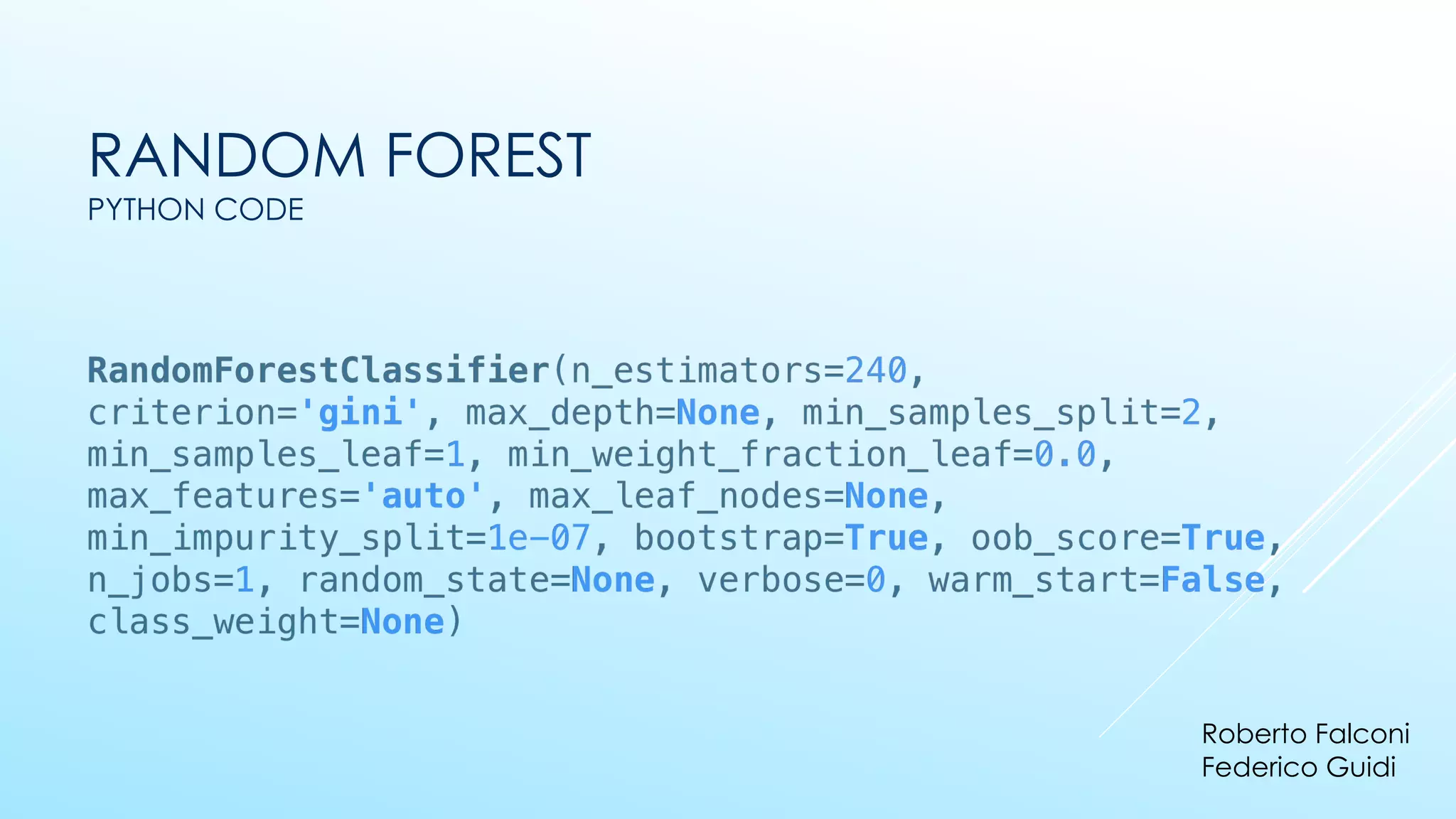 RANDOM FOREST
PYTHON CODE
Roberto Falconi
Federico Guidi
 