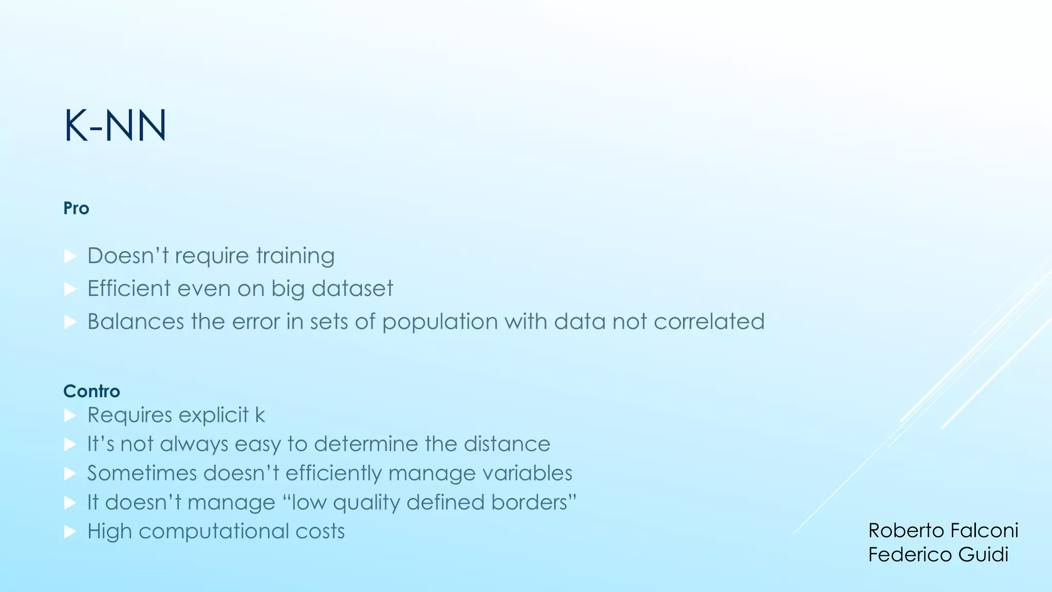 K-NN
▶
▶
▶
Pro
Contro
▶
▶
▶
▶
▶ Roberto Falconi
Federico Guidi
 