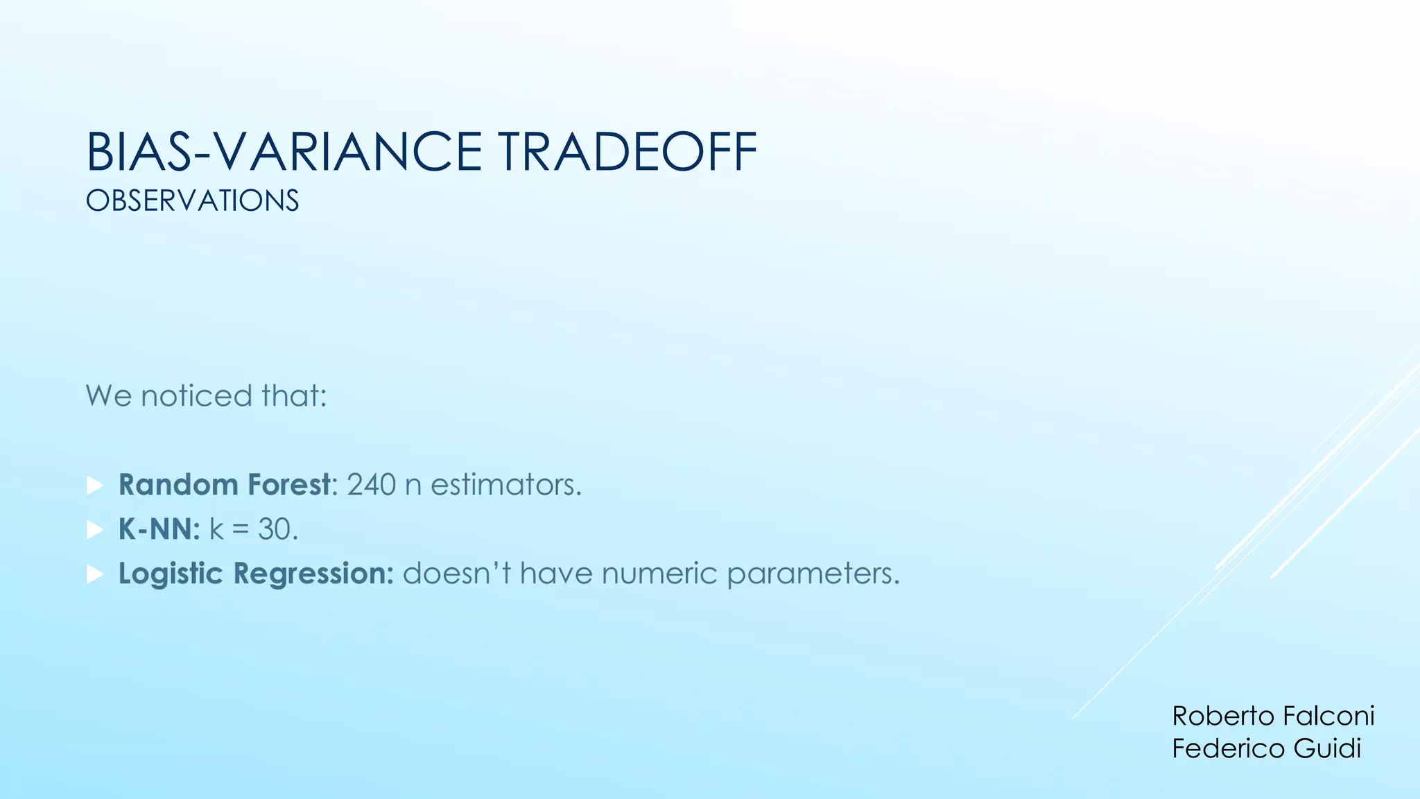 BIAS-VARIANCE TRADEOFF
OBSERVATIONS
▶
▶
▶
Roberto Falconi
Federico Guidi
 