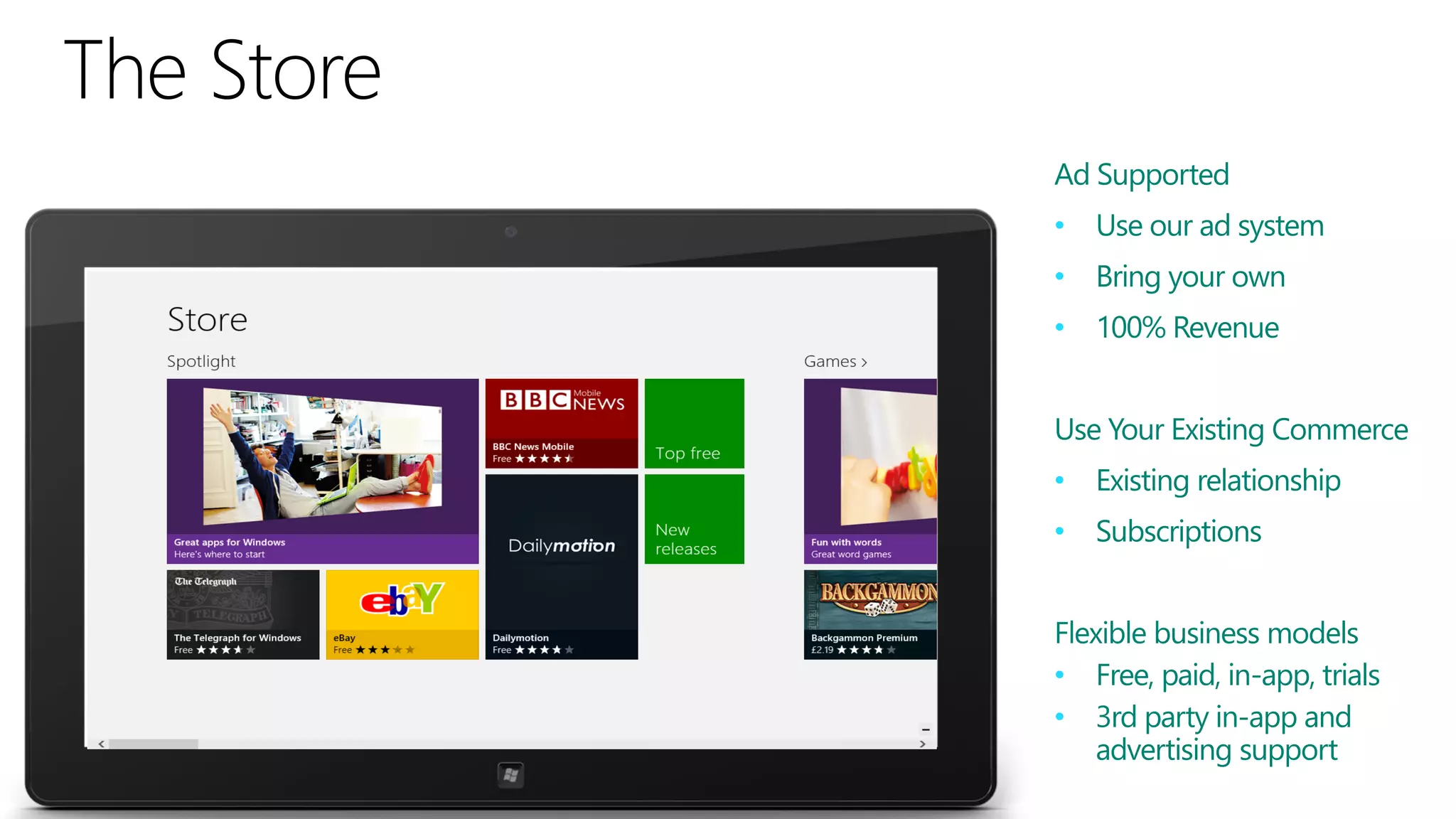 Ad Supported
•   Use our ad system
•   Bring your own
•   100% Revenue


Use Your Existing Commerce
•   Existing relationship
•   Subscriptions


Flexible business models
• Free, paid, in-app, trials
• 3rd party in-app and
    advertising support
 